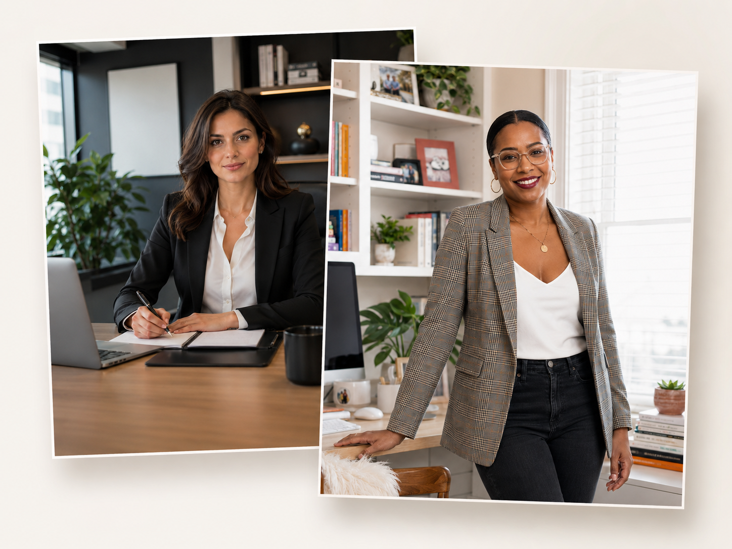 Comparaison de deux images IA : à gauche, une femme d’affaires stéréotypée générée avec un prompt vague ; à droite, une femme dans un vrai bureau à la maison générée avec un prompt détaillé