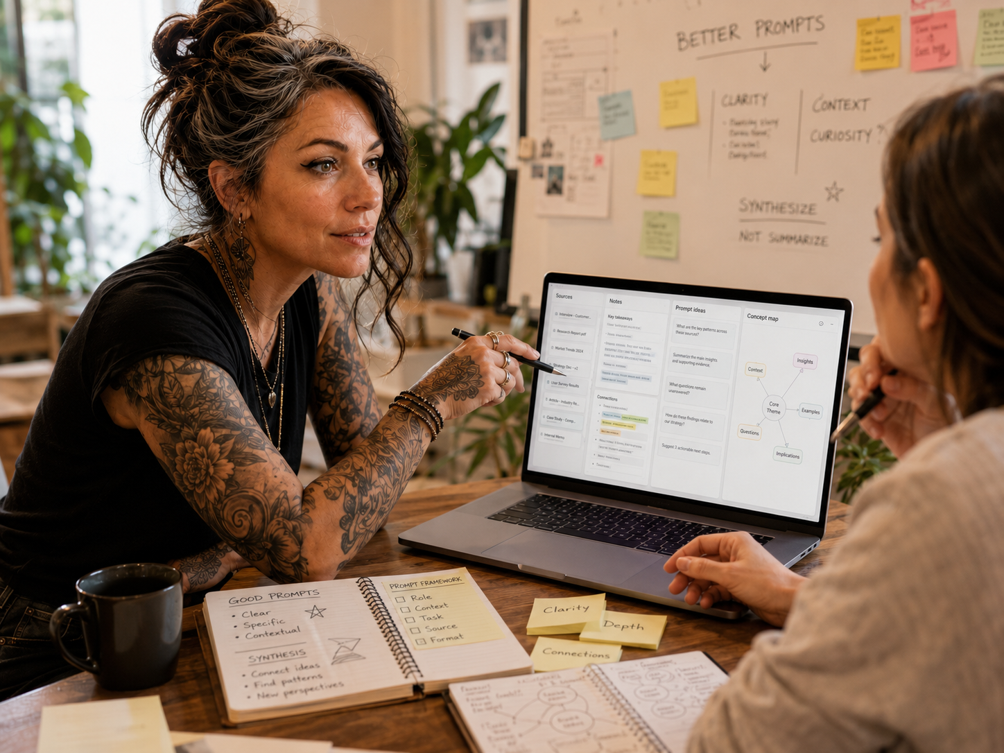 Femme travaillant à son bureau avec plusieurs écrans, analysant des documents avec NotebookLM
