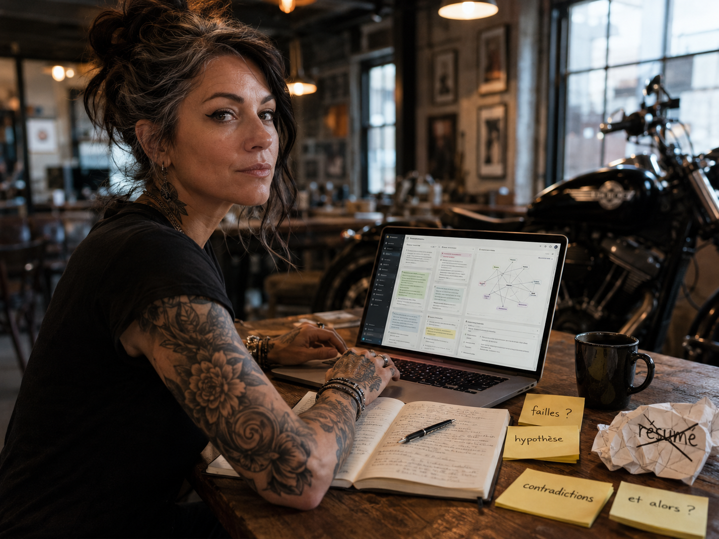 Femme tatouée travaillant à son ordinateur avec des post-its et un cahier de notes, analysant des données