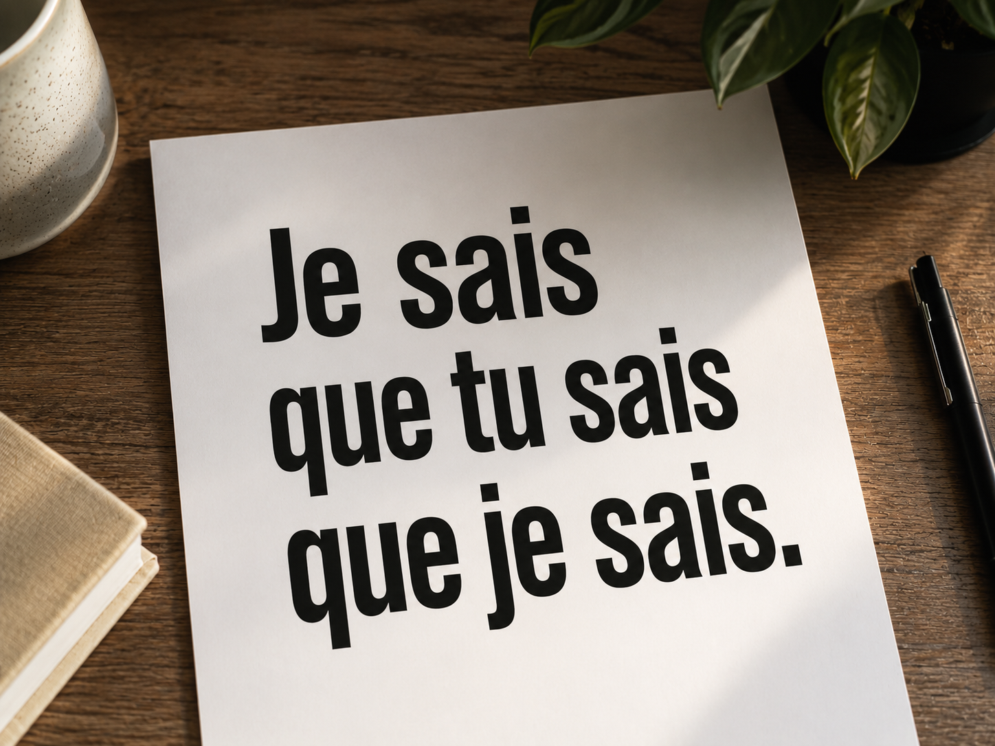 Feuille posée sur un bureau avec les mots : Je sais que tu sais que je sais.