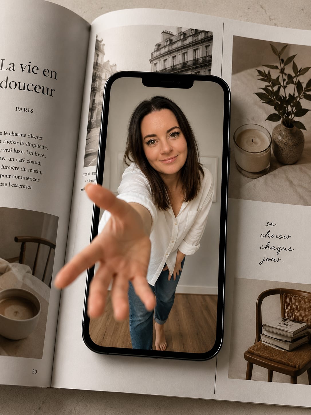 Mélanie Lavigueur tend la main vers l'objectif à travers un téléphone
